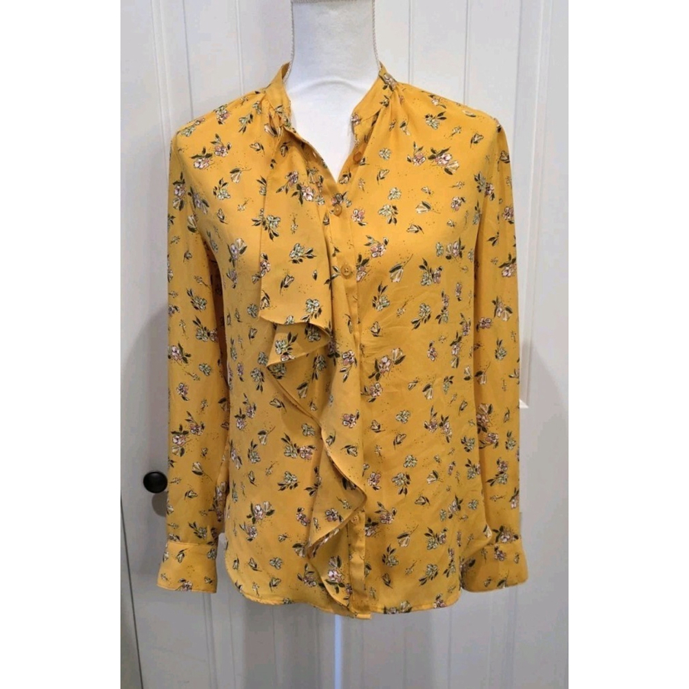 Lauren Ralph Lauren Yellow Floral Ruffle Blouse Button Front Long Sleeve Size S - Picture 4 of 12